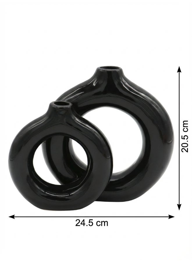 ايست من نون Ceramic Vase for Floral Decorative arrangement, Ht-20.5 cm | Shiny Black Color | Aura Sculpt Vase Design | Size -24.5x9x20.5 cm | Perfect for decorativing your living room, Ideal for decorating coffee table, dinning table, console table or any office or living space - Image 2